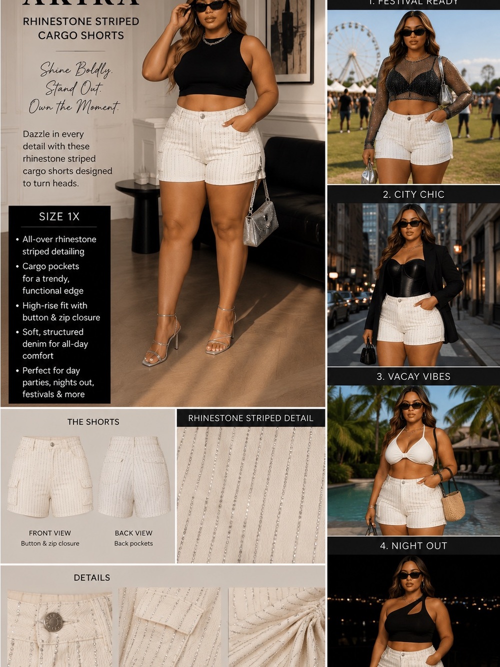 AKIRA White Rhinestone Striped Cargo Shorts